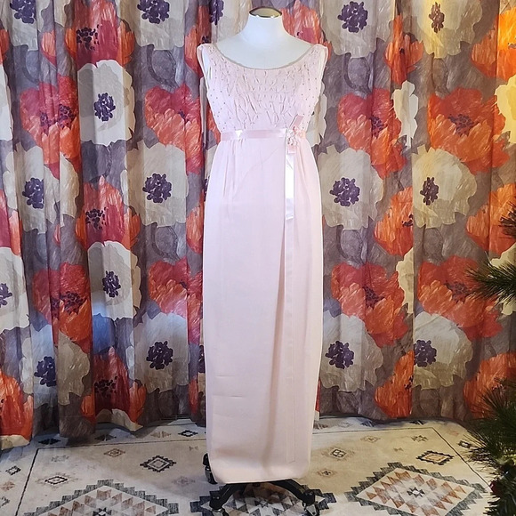 Vintage Pale Pink Blush Beaded Scoop Neck Empire Waist Dress - Picture 2 of 11